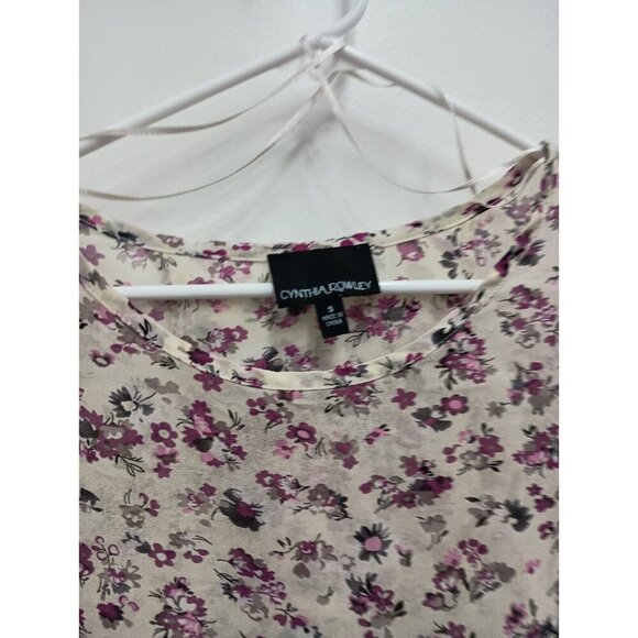 Cynthia Rowley Womens Top Size Small Ivory Purple Floral Chiffon Tulip Back - Picture 3 of 9